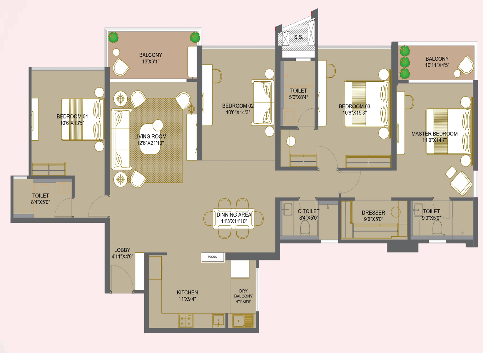 4.5 BHK Floor Plan - Artistic Representation